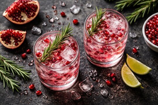 Seasonal pomegranate refresher with rosemary and sparkling water served on dark surface from above