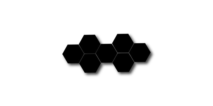 A cluster of seven black hexagonal shapes forms an abstract pattern, creating a modern and minimalist graphic element.