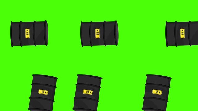 Oil Barrels falling down Concept with a green screen background animation.