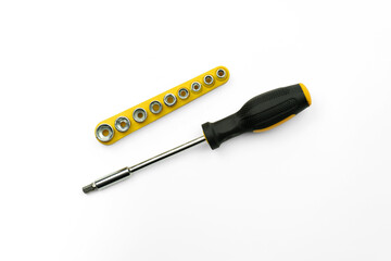 Fototapeta premium Screwdriver and socket set isolated on transparent background, repair tools cutout collection