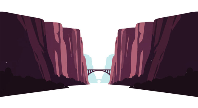 Vector flat design illustration of a majestic canyon landscape with a bridge spanning across the vast expanse