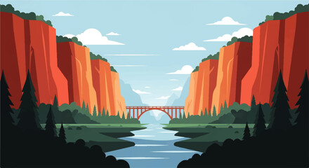 Vector flat design illustration of a scenic canyon landscape with a river and bridge under a clear sky © DevanAlfaris