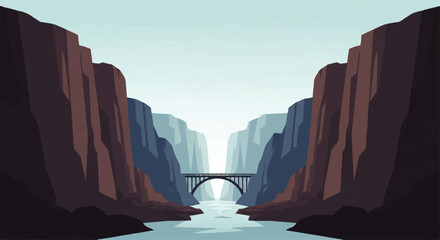 Vector flat design illustration of a majestic canyon landscape with a river and bridge under a clear sky © DevanAlfaris
