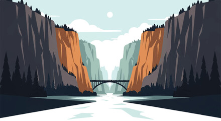 Vector flat design illustration of a majestic canyon with a river and bridge under a clear sky © DevanAlfaris