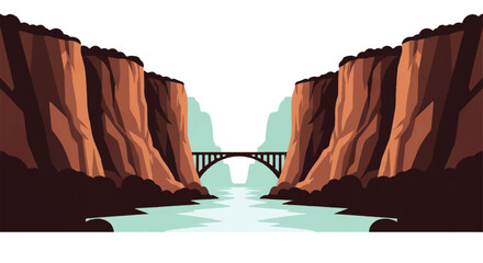 Vector flat design illustration of a majestic canyon with a river and bridge under a clear sky © DevanAlfaris