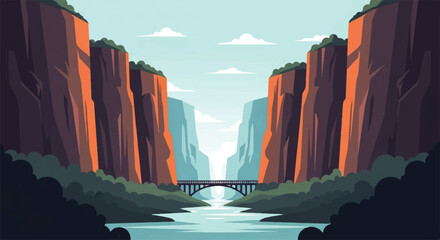 A vibrant vector flat design illustration of a majestic canyon landscape with a river and bridge under a clear sky © DevanAlfaris