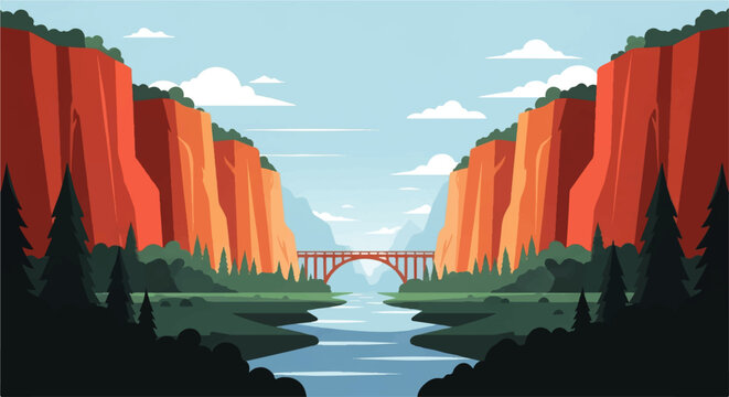 Vector flat design illustration of a scenic canyon landscape with a river and bridge under a clear sky