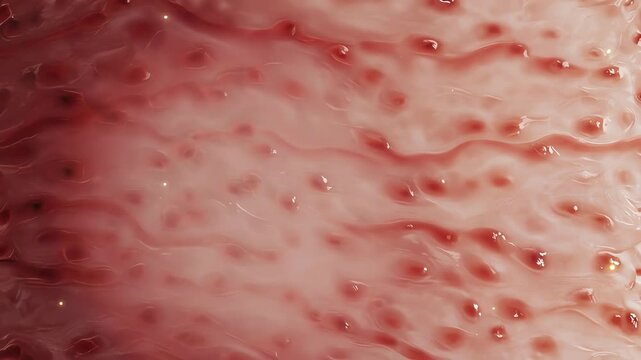 Tissue macro, inflamed red irritated area gradually calming,
color transition from red to normal tone with subtle glowing healing particles
