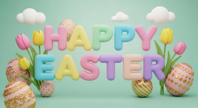 Easter eggs and tulips with Happy Easter text