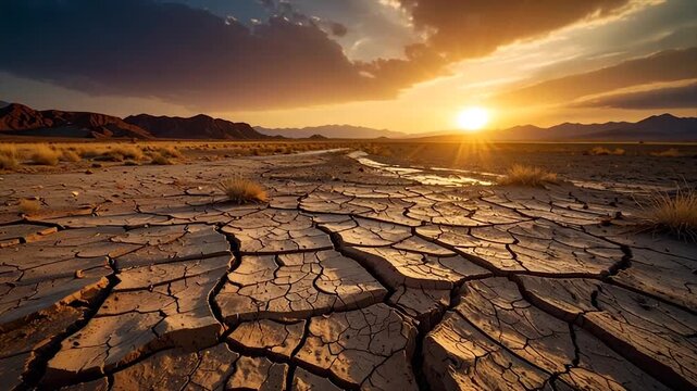 A cracked earth desert landscape at sunset, mountains in the distance, dramatic lighting