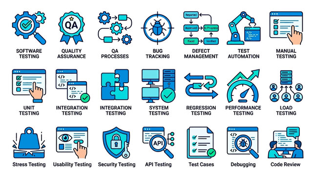 Flat design software testing and QA icons set with development process workflow and digital technology elements