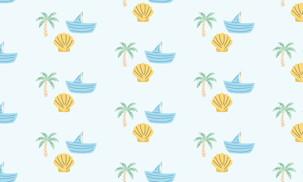 Cute tropical ocean pattern with palm tree sailboat and seashell illustrations, pastel beach background for nursery wallpaper textile wrapping paper and summer decor