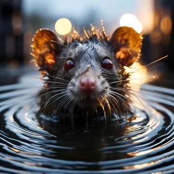 Close up portrait of a curious wet rat with red eyes looking through water ripples at night