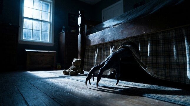 Terrifying monster hand emerging from under a bed in a dark, eerie room.
