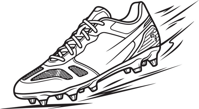 Line art drawing of a soccer cleat with motion lines, representing speed and sport, athletic