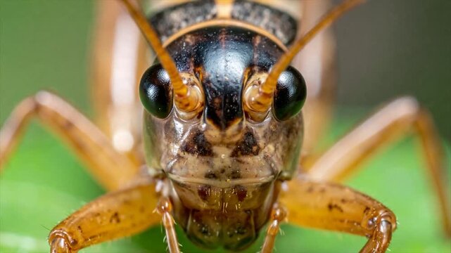 A macro shot of a insect's face, showcasing large eyes, antennae, and detailed body segments