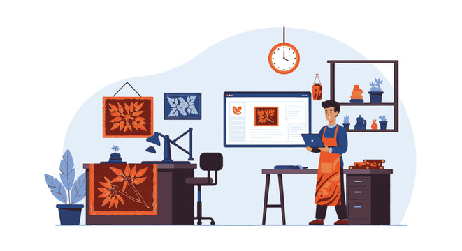 Professional Male Small Business Owner Wearing Traditional Batik Shirt, Vector Illustration of an Asian Entrepreneur Character Isolated on Plain Background for Corporate Design