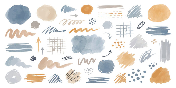 Set of hand drawn scribble marks and abstract brush strokes in grey and orange colors for creative design elements