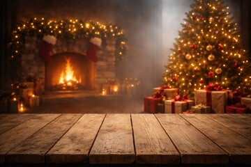 Fototapeta premium Unfilled wood board against a foggy backdrop containing a fireplace tree and gift packages copy space