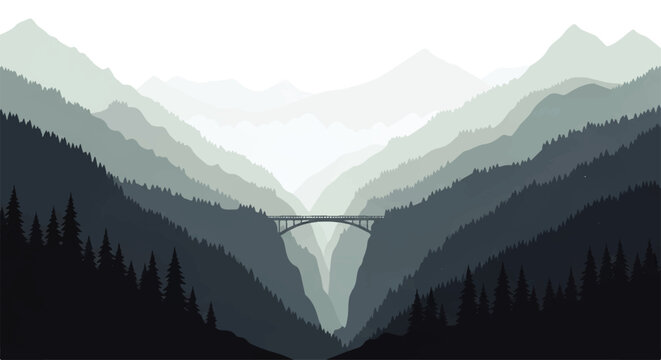 A stunning vector flat design illustration of a modern bridge spanning a deep mountain valley with layered hills