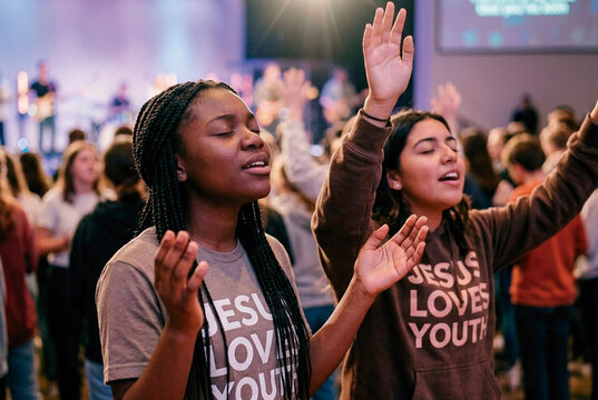 Adolescentes adorando a Dios en la iglesia cristiana
