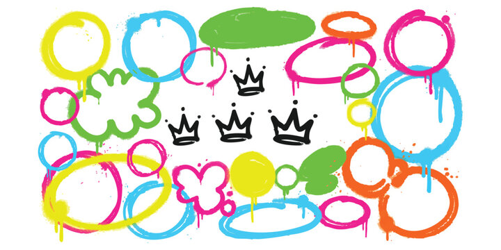 Colorful spray paint graffiti circles and black crowns set for urban street art design elements