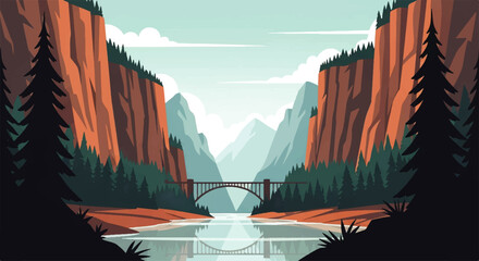 Vector flat design illustration of a serene mountain valley with a river flowing under a bridge, showcasing majestic © DevanAlfaris