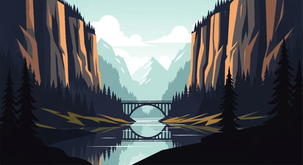 Vector flat design illustration of a serene mountain valley with a bridge over a calm river reflecting the majestic © DevanAlfaris
