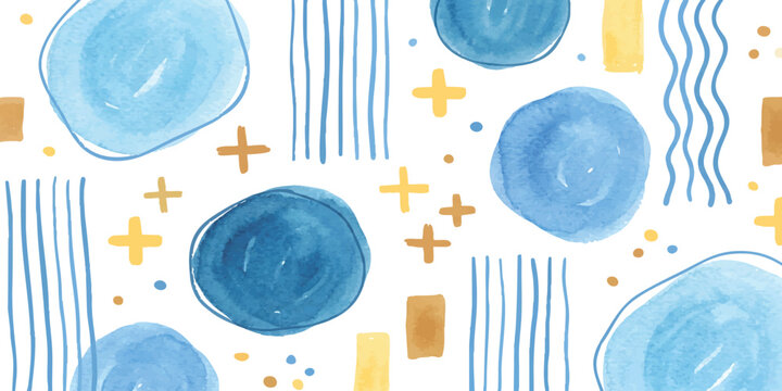 Abstract pattern with blue circles lines and yellow crosses in a modern hand drawn artistic style for creative design