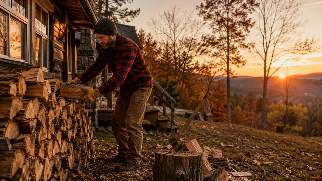 a man at a cabin chopping wood in Autumn
