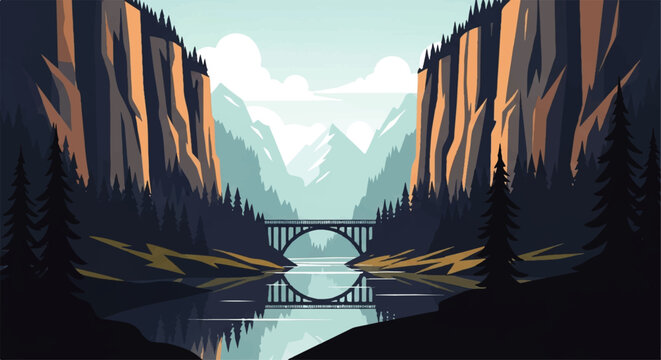 Vector flat design illustration of a serene mountain valley with a bridge over a calm river reflecting the majestic