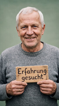 L&auml;chelnder klassisch deutscher Senior 60 plus mit wei&szlig;em Haar h&auml;lt Holzschild Erfahrung gesucht vor Sage Green Studio &ndash; Senior Recruiting