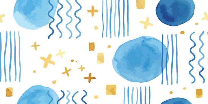 Abstract seamless pattern with hand drawn blue circles yellow stars and wavy lines for modern creative surface design