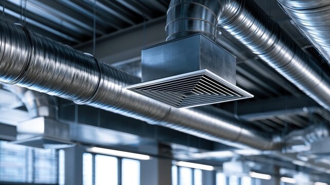 High quality photo of metal air conditioning vent ducts and pipes hang from ceiling in modern building interior. Climate control system, cool, heat, fresh air, temperature, install.