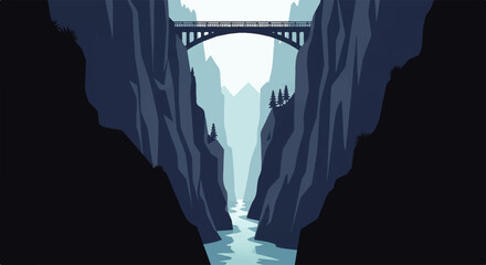 Vector flat design illustration of a deep canyon with a river flowing and a bridge spanning the gap above © DevanAlfaris