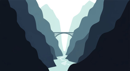 Vector flat design illustration of a majestic bridge spanning a deep canyon with a flowing river © DevanAlfaris