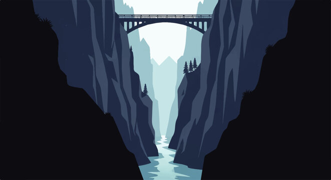 Vector flat design illustration of a deep canyon with a river flowing and a bridge spanning the gap above