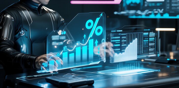 Futuristic robotic hand interacting with digital finance growth charts and percentage analytics on transparent screen