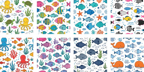 Cute Cartoon Sea Life and Tropical Fish Seamless Pattern Vector Set with Octopus Whale Starfish and Seaweed for Fabric and Wallpaper Design © Roymohan