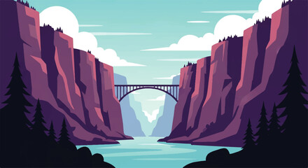 Vector flat design illustration of a majestic bridge spanning a deep canyon with a flowing river below and dramatic © DevanAlfaris