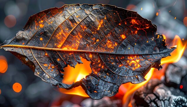 Burnt leaf on fire with embers.