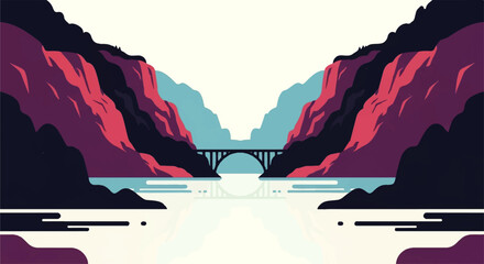 Vector flat design illustration of a scenic bridge spanning a calm river between dramatic mountain cliffs © DevanAlfaris