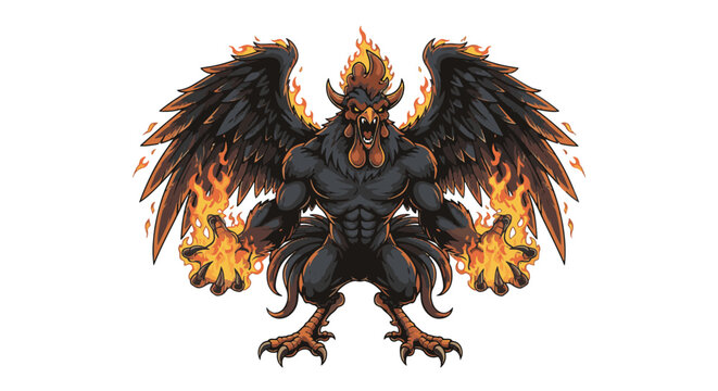Infernal rooster demon mascot vector illustration featuring flaming red feathers, sharp beak, glowing yellow eyes, and aggressive expression for gaming or sports branding on white.