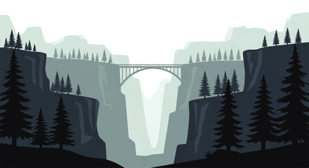 Obraz premium Vector flat design illustration of a majestic bridge spanning a deep canyon with layered mountains and pine trees