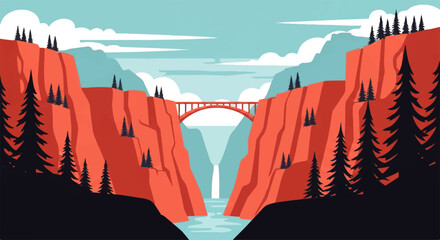Vector flat design illustration of a majestic canyon landscape with a bridge spanning over a river and distant waterfall © DevanAlfaris