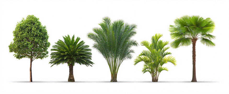 A whimsical arrangement of Areca catechu and Livistona chinensis palms dancing against a white backdrop