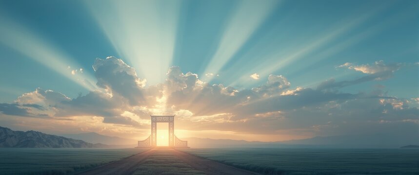 Bright sun rays breaking through layered clouds to expose heavenly gates in landscape