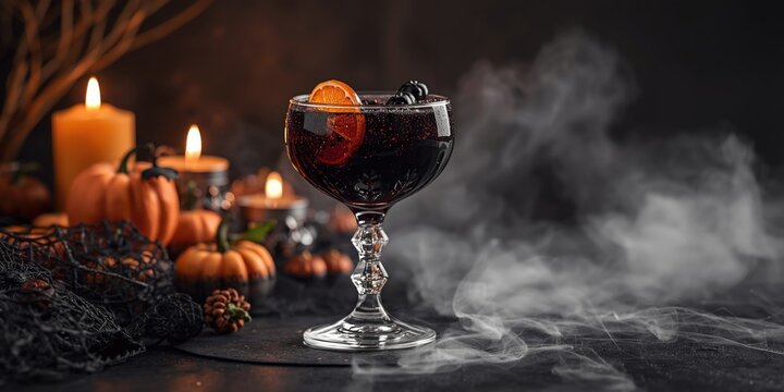 Black sangria witches brew cocktail for Halloween on a festive display