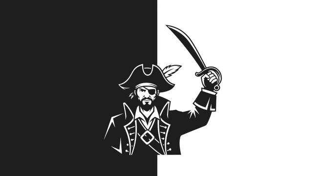 Black and White Pirate Mascot Illustration with Sword