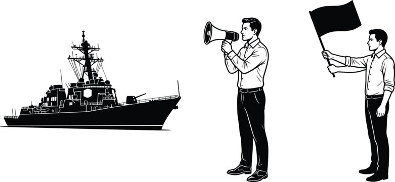 Black silhouette illustrations of naval ship, person with megaphone, and flag bearer representing maritime communication and signaling activities